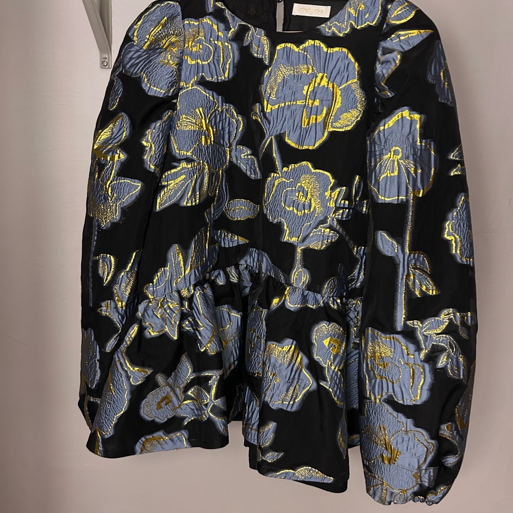 Stine Goya Metallic Floral Peplum Blouse | Black Blue Gold | Statement Top - Picture 3 of 3